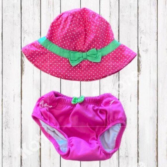 Speedo Diaper Pink Cover Size Medium and Punk Polka Dot Sunhat Size 12-24 Set/2 - Picture 1 of 16